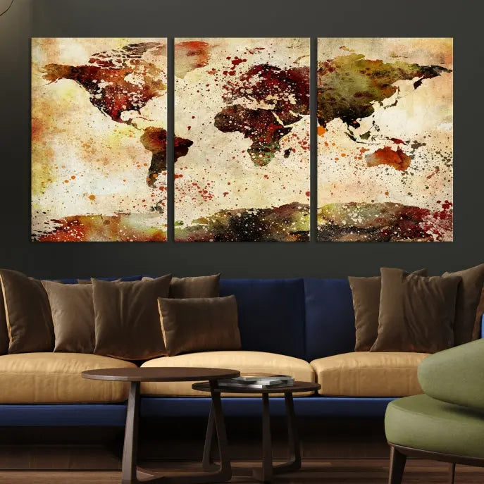 The World Map Wall Art Ink Painting World Map Canvas Print is crafted on museum-quality canvas in earthy tones. Its UV-protective coating ensures long-lasting beauty. Experience the elegance of this art piece with the advantage of free shipping included.