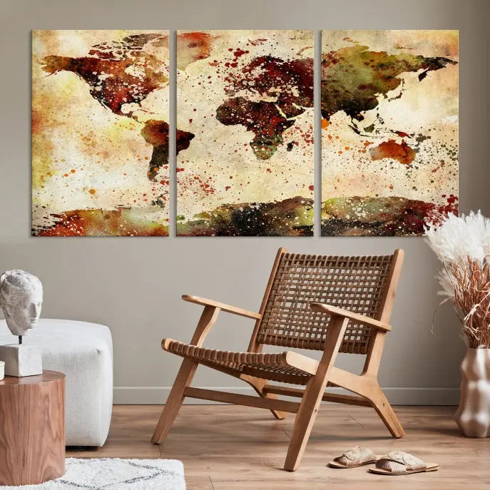 The World Map Wall Art Ink Painting World Map Canvas Print is crafted on museum-quality canvas in earthy tones. Its UV-protective coating ensures long-lasting beauty. Experience the elegance of this art piece with the advantage of free shipping included.