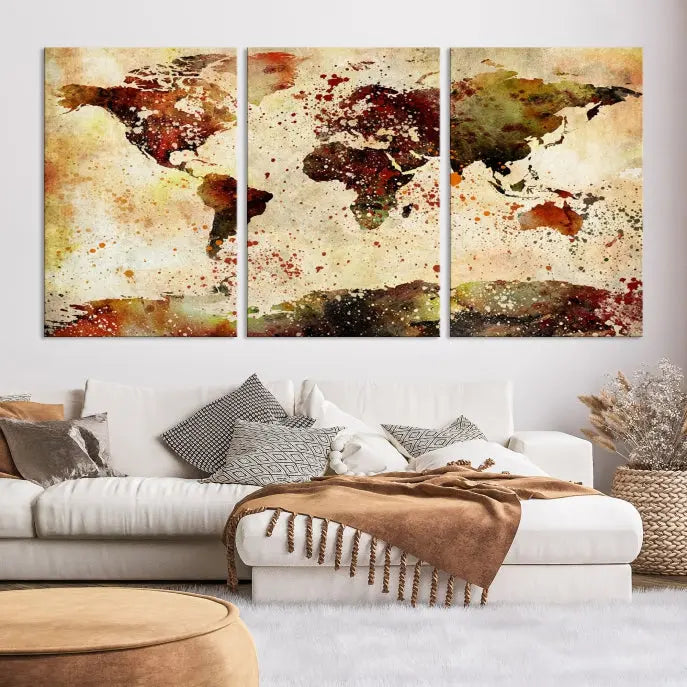 The World Map Wall Art Ink Painting World Map Canvas Print is crafted on museum-quality canvas in earthy tones. Its UV-protective coating ensures long-lasting beauty. Experience the elegance of this art piece with the advantage of free shipping included.