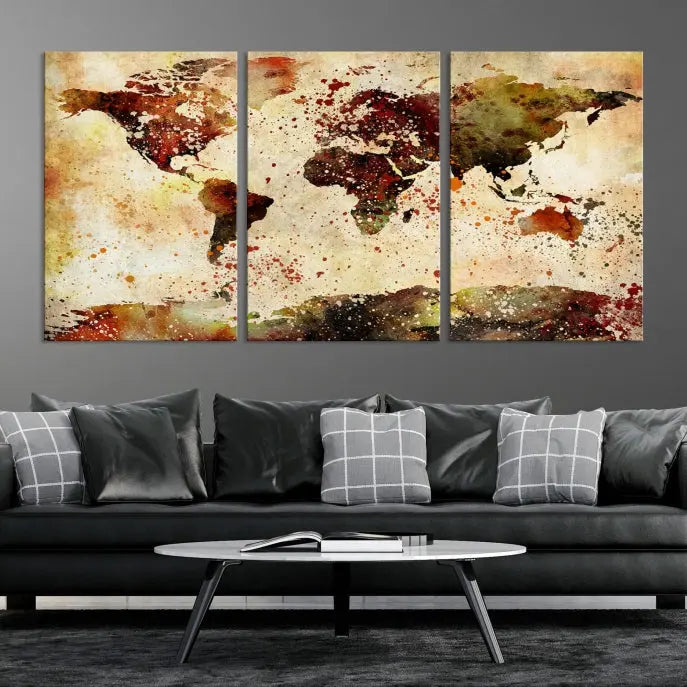 The World Map Wall Art Ink Painting World Map Canvas Print is crafted on museum-quality canvas in earthy tones. Its UV-protective coating ensures long-lasting beauty. Experience the elegance of this art piece with the advantage of free shipping included.