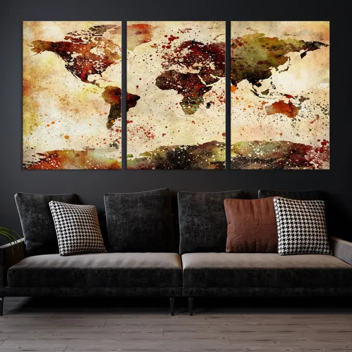 The World Map Wall Art Ink Painting World Map Canvas Print is crafted on museum-quality canvas in earthy tones. Its UV-protective coating ensures long-lasting beauty. Experience the elegance of this art piece with the advantage of free shipping included.