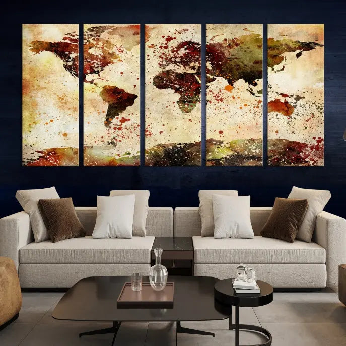 The World Map Wall Art Ink Painting World Map Canvas Print is crafted on museum-quality canvas in earthy tones. Its UV-protective coating ensures long-lasting beauty. Experience the elegance of this art piece with the advantage of free shipping included.