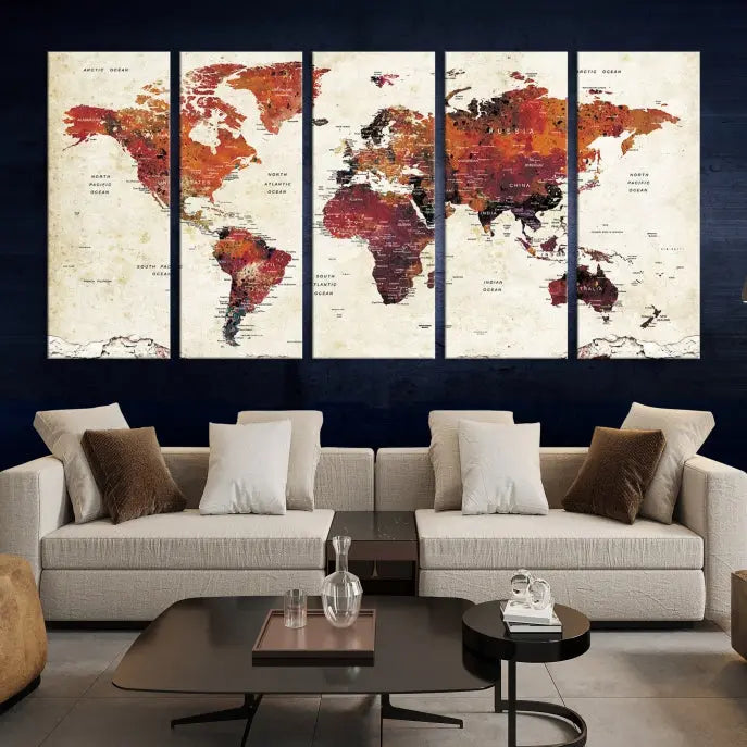 Enhance your space with the World Map Wall Art Print, a museum-quality composition crafted in five canvas panels featuring earthy tones. This stunning piece comes with free shipping to elevate your home décor.