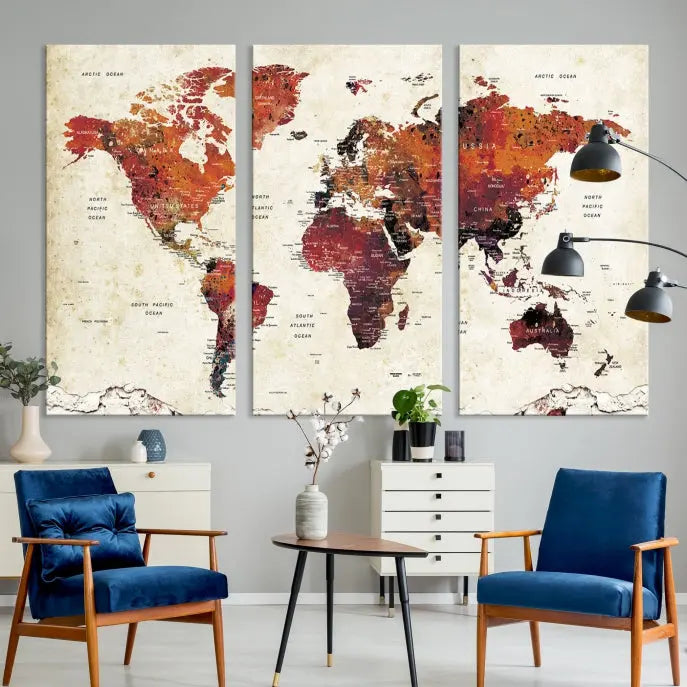 Enhance your space with the World Map Wall Art Print, a museum-quality composition crafted in five canvas panels featuring earthy tones. This stunning piece comes with free shipping to elevate your home décor.