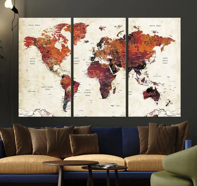 Enhance your space with the World Map Wall Art Print, a museum-quality composition crafted in five canvas panels featuring earthy tones. This stunning piece comes with free shipping to elevate your home décor.