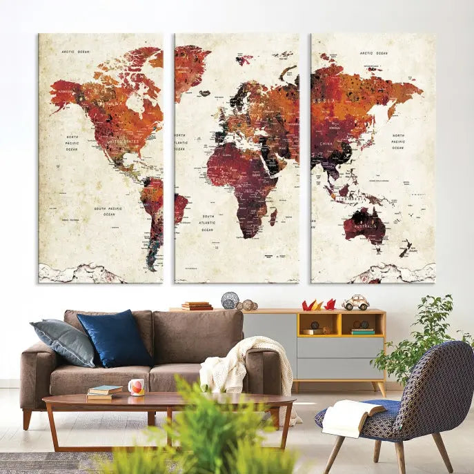 Enhance your space with the World Map Wall Art Print, a museum-quality composition crafted in five canvas panels featuring earthy tones. This stunning piece comes with free shipping to elevate your home décor.