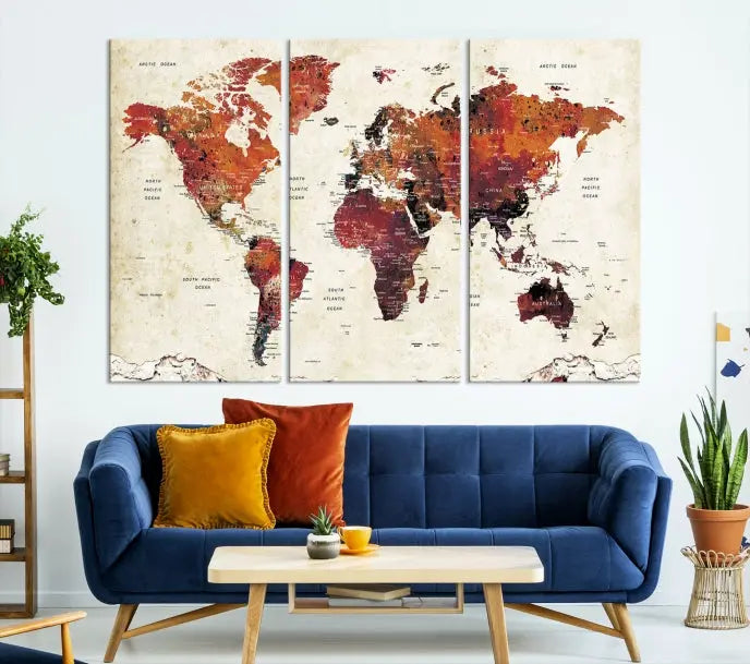 Enhance your space with the World Map Wall Art Print, a museum-quality composition crafted in five canvas panels featuring earthy tones. This stunning piece comes with free shipping to elevate your home décor.