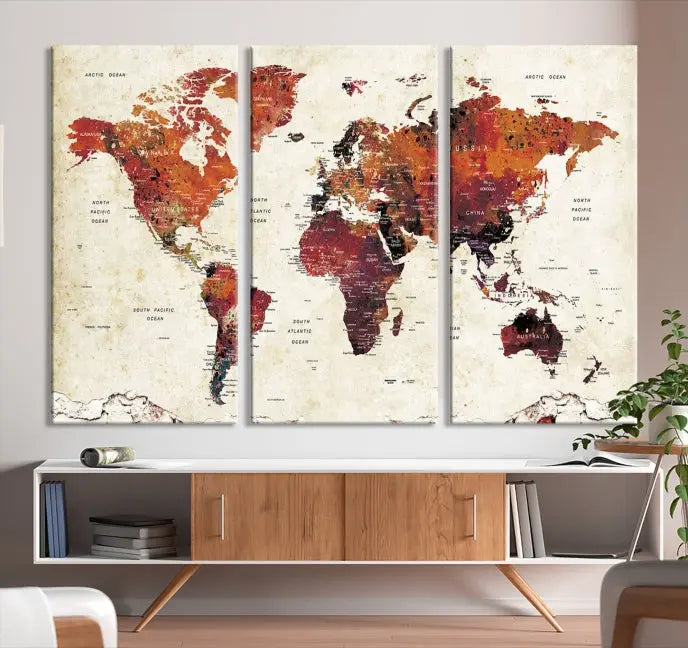 Enhance your space with the World Map Wall Art Print, a museum-quality composition crafted in five canvas panels featuring earthy tones. This stunning piece comes with free shipping to elevate your home décor.