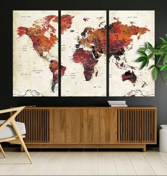 Enhance your space with the World Map Wall Art Print, a museum-quality composition crafted in five canvas panels featuring earthy tones. This stunning piece comes with free shipping to elevate your home décor.