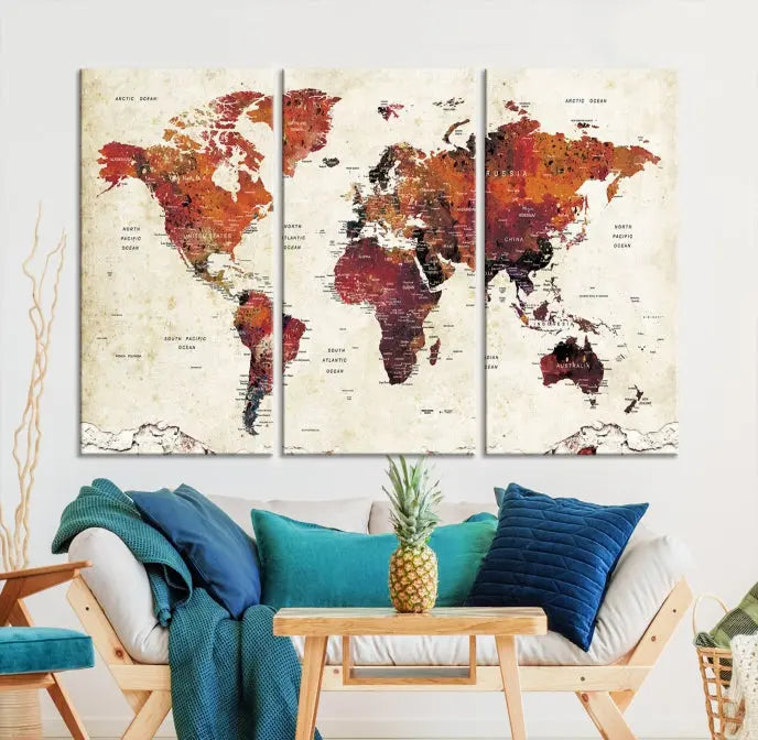 Enhance your space with the World Map Wall Art Print, a museum-quality composition crafted in five canvas panels featuring earthy tones. This stunning piece comes with free shipping to elevate your home décor.