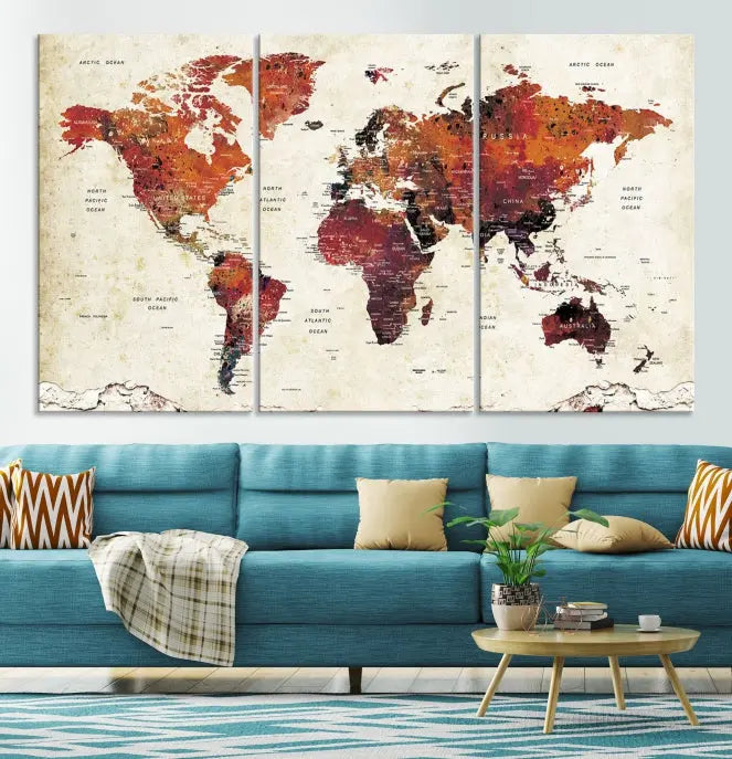 Enhance your space with the World Map Wall Art Print, a museum-quality composition crafted in five canvas panels featuring earthy tones. This stunning piece comes with free shipping to elevate your home décor.