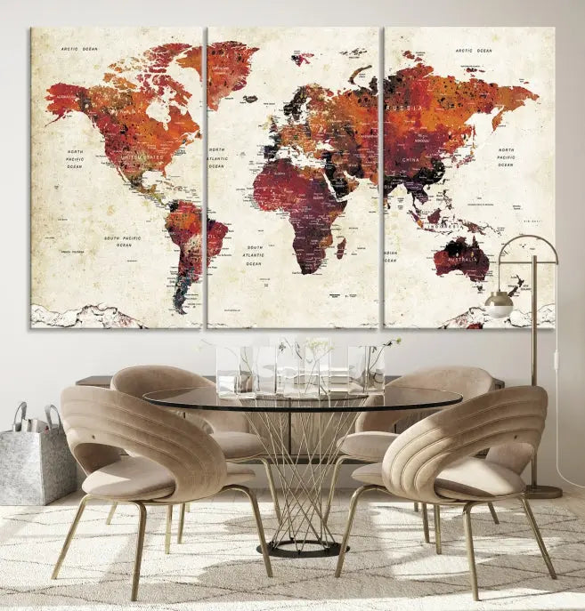 Enhance your space with the World Map Wall Art Print, a museum-quality composition crafted in five canvas panels featuring earthy tones. This stunning piece comes with free shipping to elevate your home décor.