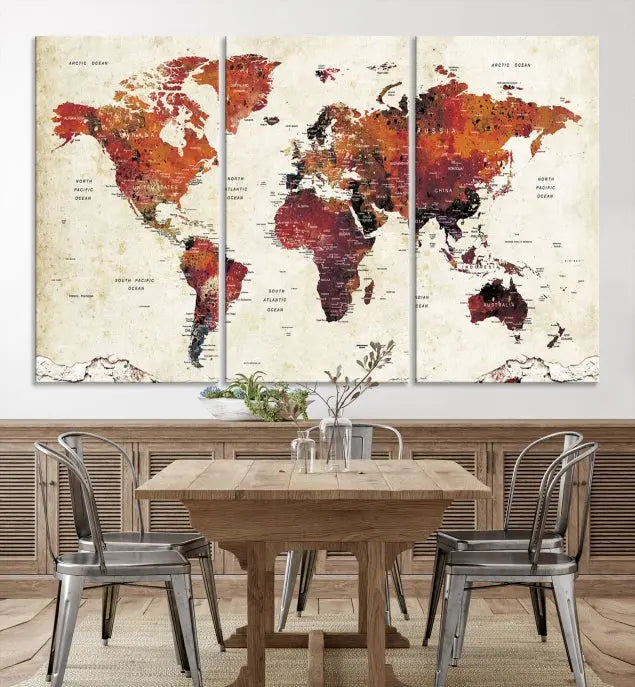 Enhance your space with the World Map Wall Art Print, a museum-quality composition crafted in five canvas panels featuring earthy tones. This stunning piece comes with free shipping to elevate your home décor.