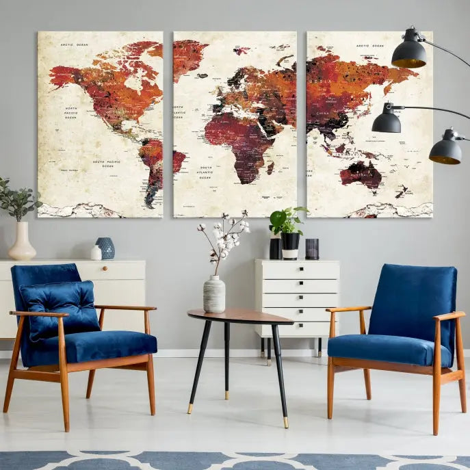 Enhance your space with the World Map Wall Art Print, a museum-quality composition crafted in five canvas panels featuring earthy tones. This stunning piece comes with free shipping to elevate your home décor.