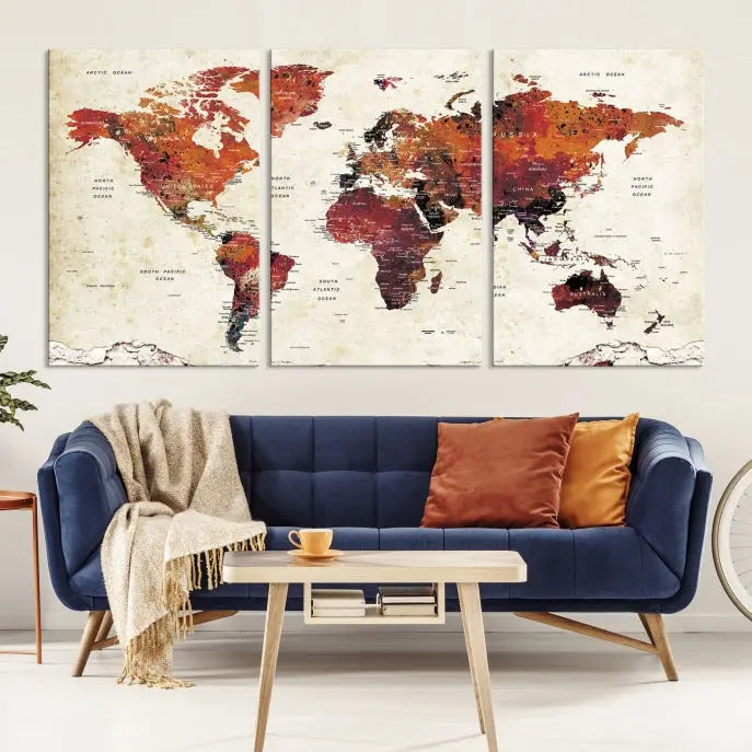 Enhance your space with the World Map Wall Art Print, a museum-quality composition crafted in five canvas panels featuring earthy tones. This stunning piece comes with free shipping to elevate your home décor.