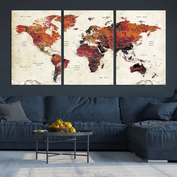 Enhance your space with the World Map Wall Art Print, a museum-quality composition crafted in five canvas panels featuring earthy tones. This stunning piece comes with free shipping to elevate your home décor.