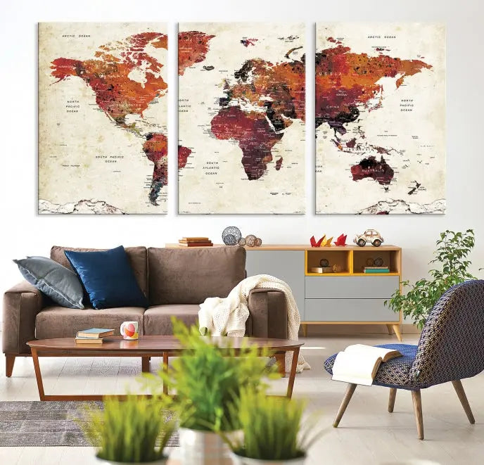 Enhance your space with the World Map Wall Art Print, a museum-quality composition crafted in five canvas panels featuring earthy tones. This stunning piece comes with free shipping to elevate your home décor.