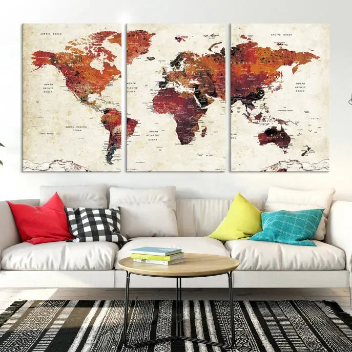 Enhance your space with the World Map Wall Art Print, a museum-quality composition crafted in five canvas panels featuring earthy tones. This stunning piece comes with free shipping to elevate your home décor.