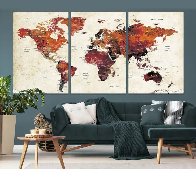 Enhance your space with the World Map Wall Art Print, a museum-quality composition crafted in five canvas panels featuring earthy tones. This stunning piece comes with free shipping to elevate your home décor.