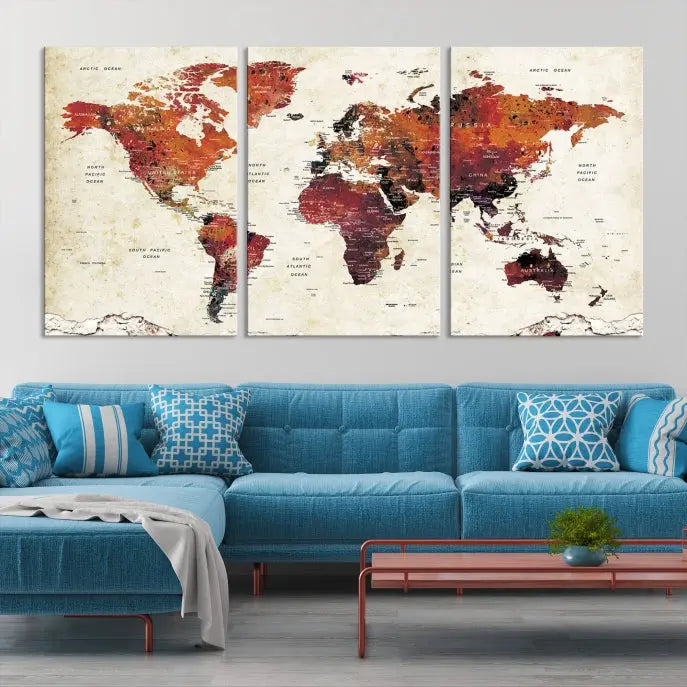 Enhance your space with the World Map Wall Art Print, a museum-quality composition crafted in five canvas panels featuring earthy tones. This stunning piece comes with free shipping to elevate your home décor.