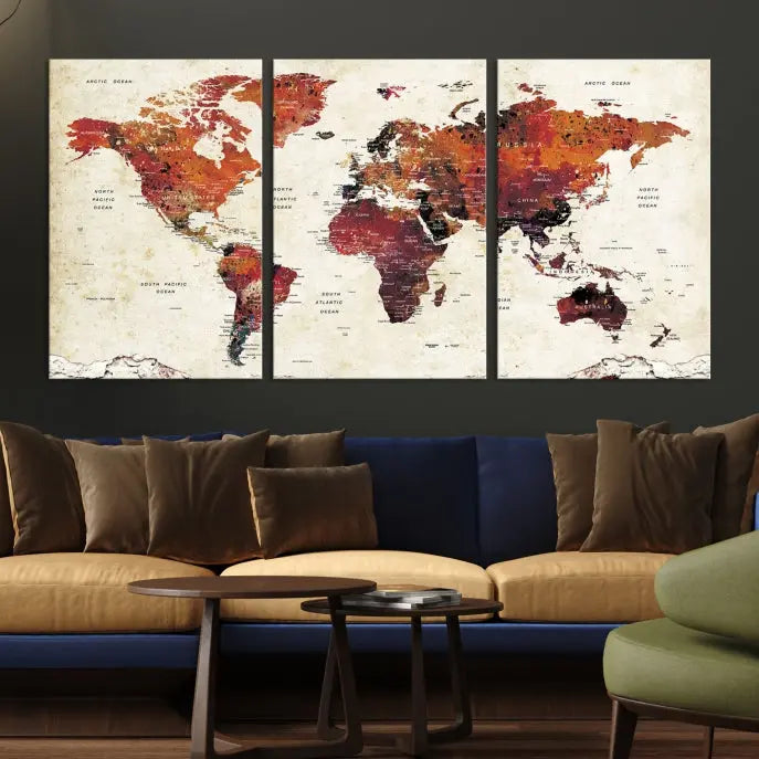 Enhance your space with the World Map Wall Art Print, a museum-quality composition crafted in five canvas panels featuring earthy tones. This stunning piece comes with free shipping to elevate your home décor.