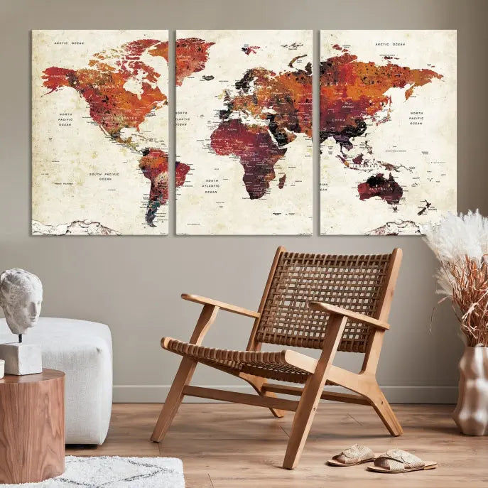 Enhance your space with the World Map Wall Art Print, a museum-quality composition crafted in five canvas panels featuring earthy tones. This stunning piece comes with free shipping to elevate your home décor.