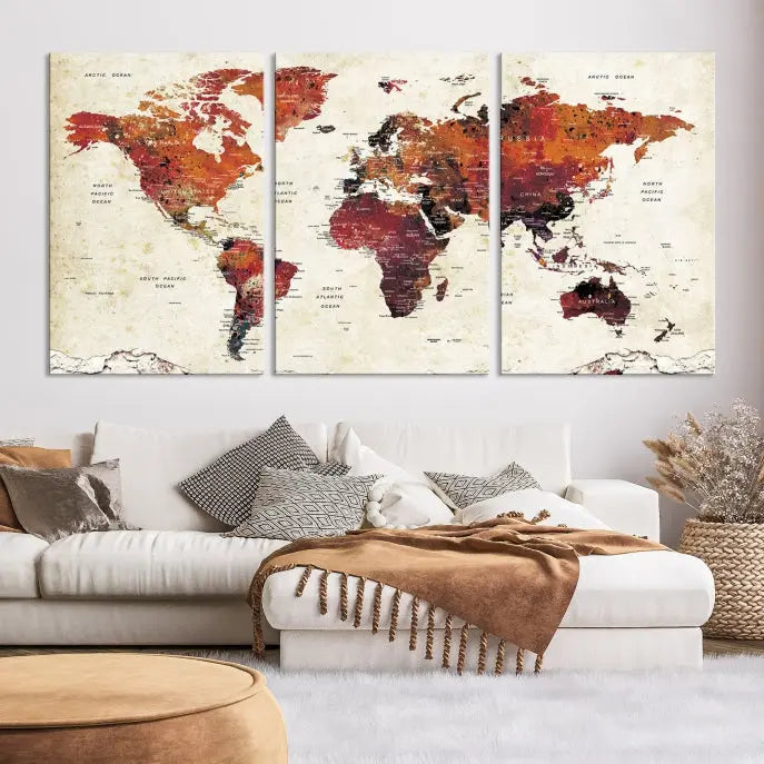 Enhance your space with the World Map Wall Art Print, a museum-quality composition crafted in five canvas panels featuring earthy tones. This stunning piece comes with free shipping to elevate your home décor.