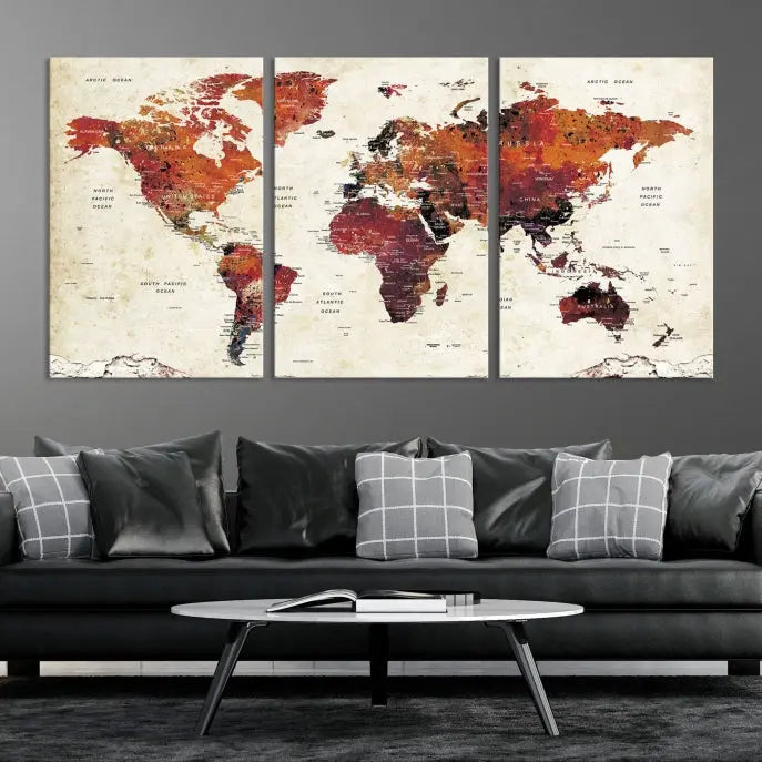 Enhance your space with the World Map Wall Art Print, a museum-quality composition crafted in five canvas panels featuring earthy tones. This stunning piece comes with free shipping to elevate your home décor.