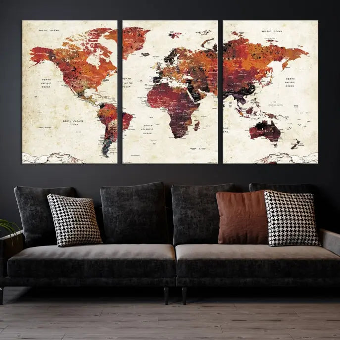 Enhance your space with the World Map Wall Art Print, a museum-quality composition crafted in five canvas panels featuring earthy tones. This stunning piece comes with free shipping to elevate your home décor.