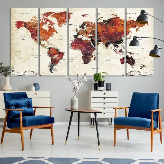 Enhance your space with the World Map Wall Art Print, a museum-quality composition crafted in five canvas panels featuring earthy tones. This stunning piece comes with free shipping to elevate your home décor.