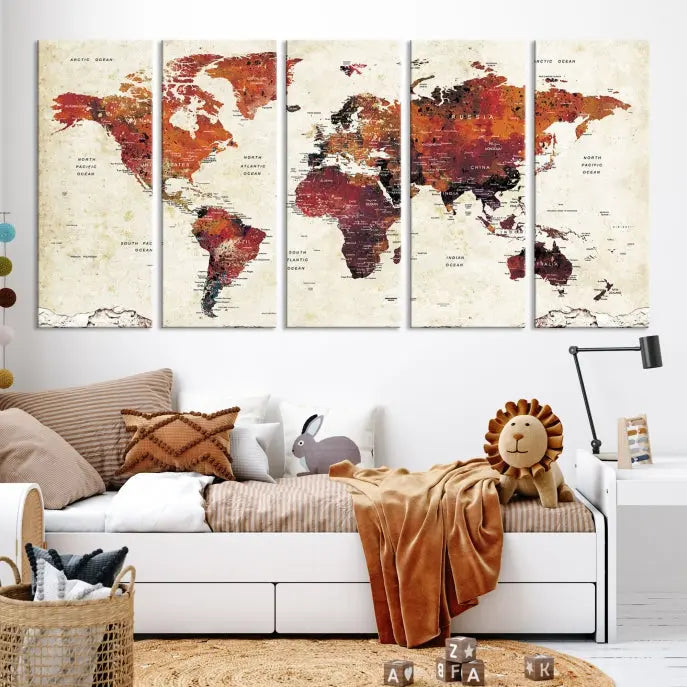 Enhance your space with the World Map Wall Art Print, a museum-quality composition crafted in five canvas panels featuring earthy tones. This stunning piece comes with free shipping to elevate your home décor.