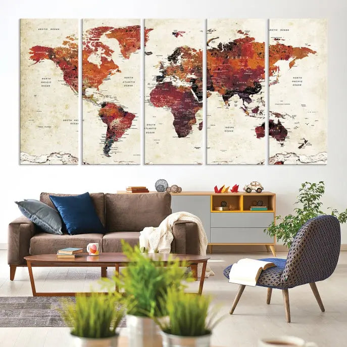 Enhance your space with the World Map Wall Art Print, a museum-quality composition crafted in five canvas panels featuring earthy tones. This stunning piece comes with free shipping to elevate your home décor.