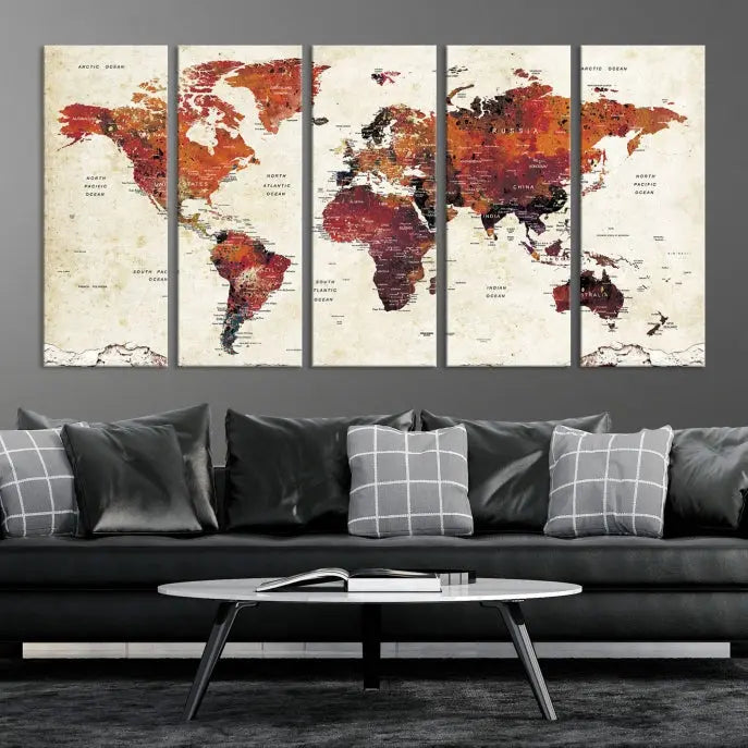 Enhance your space with the World Map Wall Art Print, a museum-quality composition crafted in five canvas panels featuring earthy tones. This stunning piece comes with free shipping to elevate your home décor.