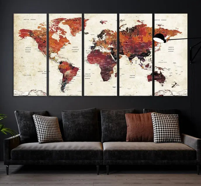 Enhance your space with the World Map Wall Art Print, a museum-quality composition crafted in five canvas panels featuring earthy tones. This stunning piece comes with free shipping to elevate your home décor.