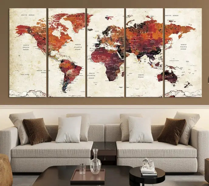 Enhance your space with the World Map Wall Art Print, a museum-quality composition crafted in five canvas panels featuring earthy tones. This stunning piece comes with free shipping to elevate your home décor.