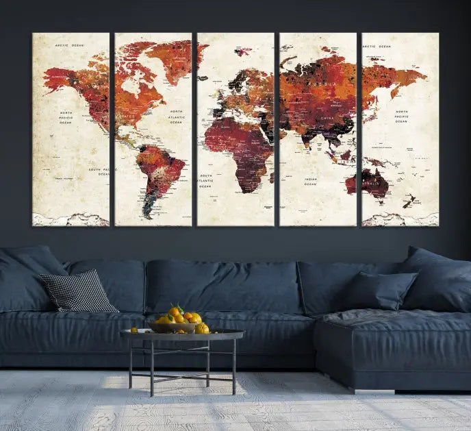 Enhance your space with the World Map Wall Art Print, a museum-quality composition crafted in five canvas panels featuring earthy tones. This stunning piece comes with free shipping to elevate your home décor.