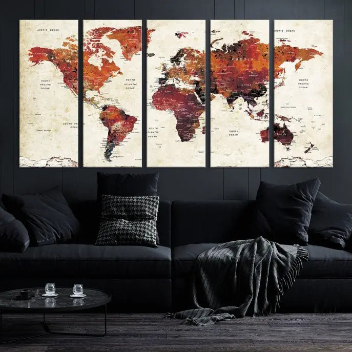 Enhance your space with the World Map Wall Art Print, a museum-quality composition crafted in five canvas panels featuring earthy tones. This stunning piece comes with free shipping to elevate your home décor.