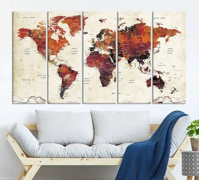 Enhance your space with the World Map Wall Art Print, a museum-quality composition crafted in five canvas panels featuring earthy tones. This stunning piece comes with free shipping to elevate your home décor.