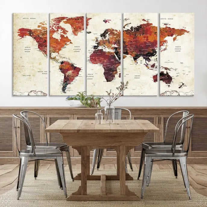 Enhance your space with the World Map Wall Art Print, a museum-quality composition crafted in five canvas panels featuring earthy tones. This stunning piece comes with free shipping to elevate your home décor.