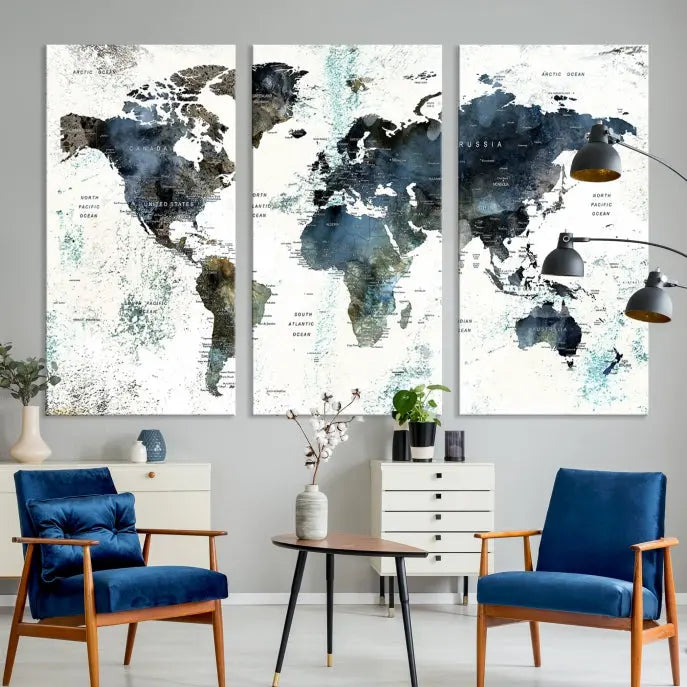 The 5-panel World Map Wall Art Print is displayed on a dark wall. Crafted on museum-quality canvas with a UV-protective coating, it comes ready to hang for an instant touch of elegance.