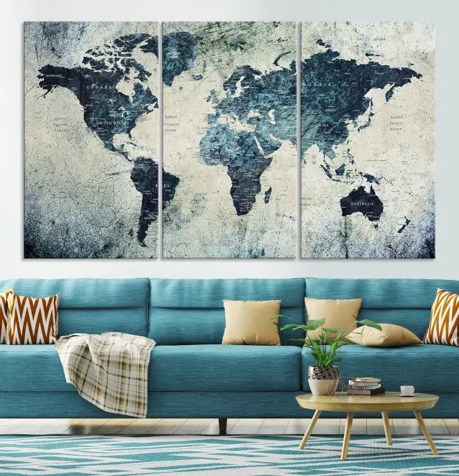 A World Map Wall Art Print on museum-quality canvas features a gallery-wrapped finish that exudes sophistication.