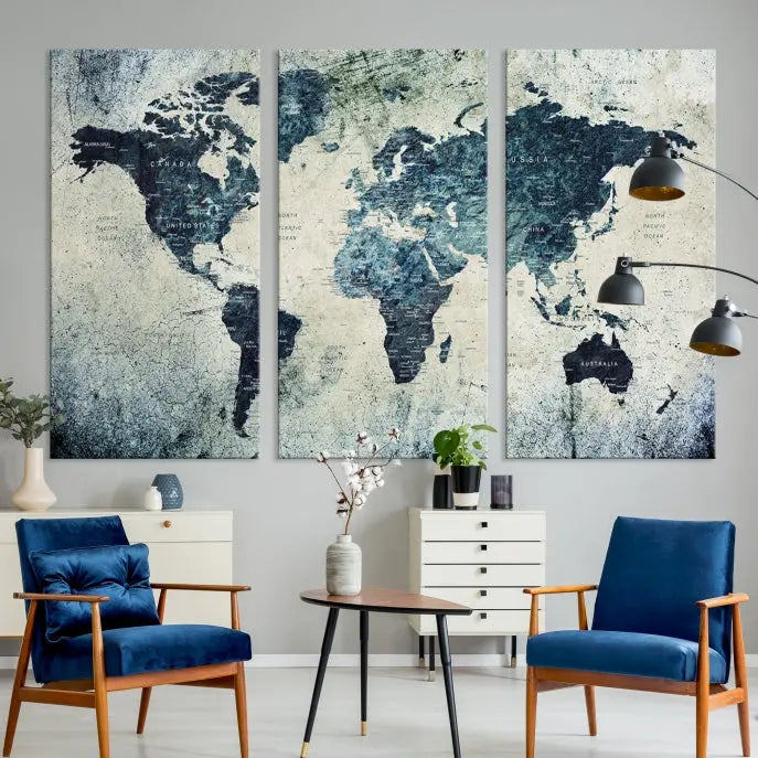 A World Map Wall Art Print on museum-quality canvas features a gallery-wrapped finish that exudes sophistication.