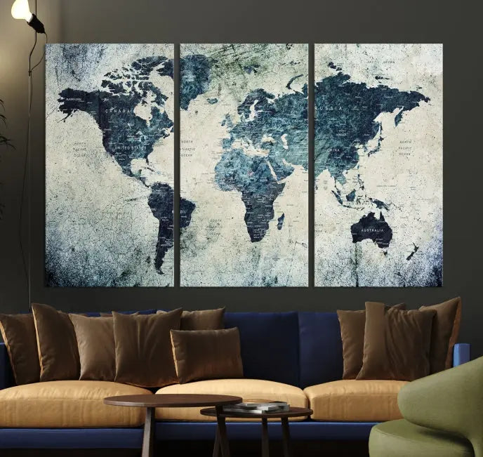 A World Map Wall Art Print on museum-quality canvas features a gallery-wrapped finish that exudes sophistication.