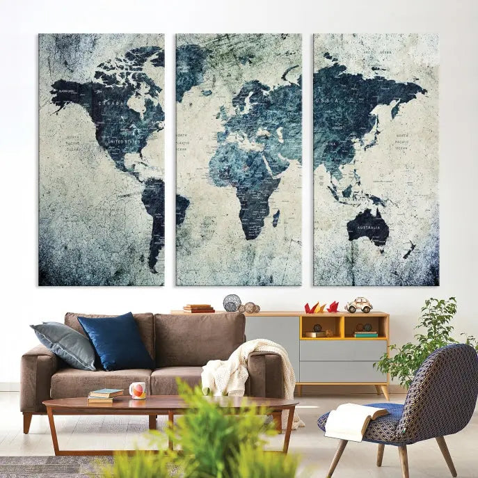 A World Map Wall Art Print on museum-quality canvas features a gallery-wrapped finish that exudes sophistication.