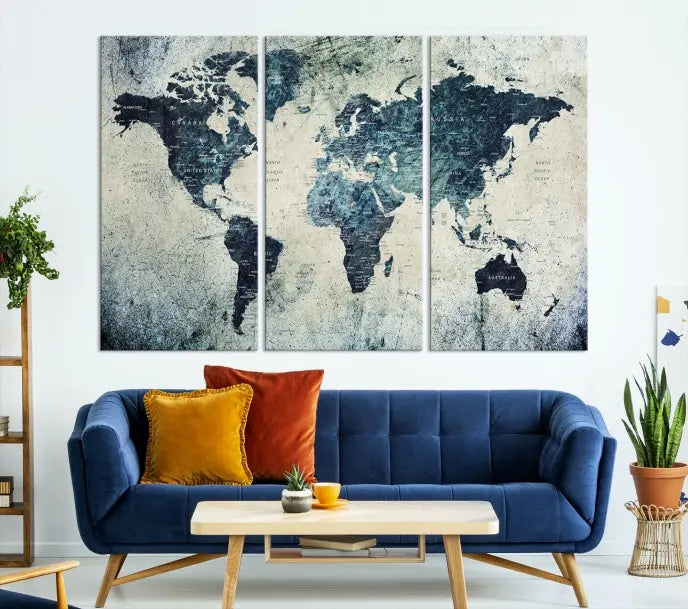 A World Map Wall Art Print on museum-quality canvas features a gallery-wrapped finish that exudes sophistication.