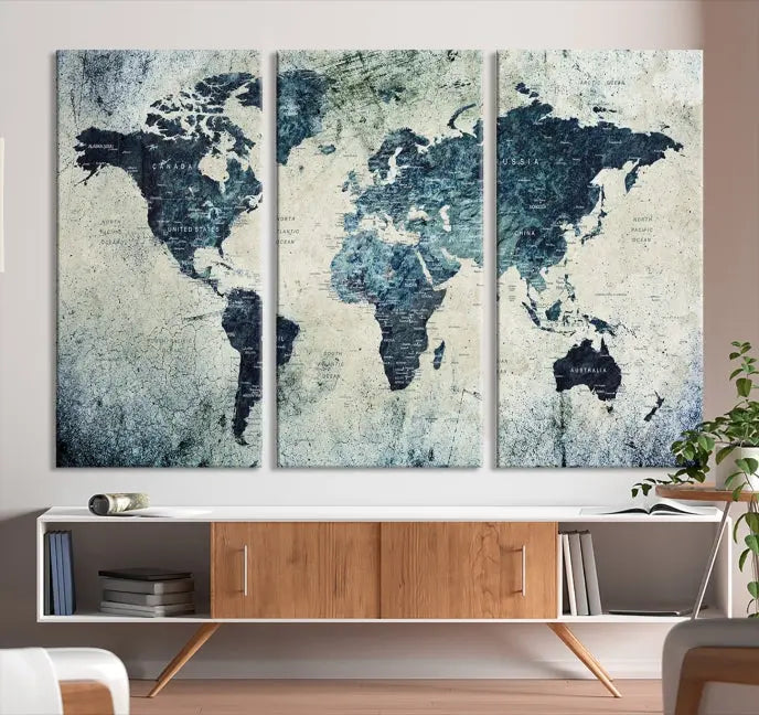 A World Map Wall Art Print on museum-quality canvas features a gallery-wrapped finish that exudes sophistication.