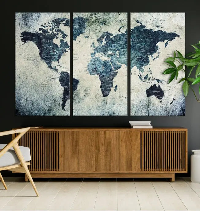 A World Map Wall Art Print on museum-quality canvas features a gallery-wrapped finish that exudes sophistication.