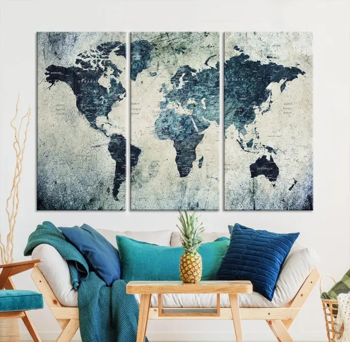 A World Map Wall Art Print on museum-quality canvas features a gallery-wrapped finish that exudes sophistication.