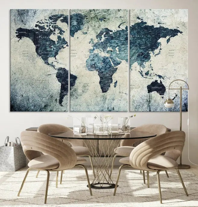 A World Map Wall Art Print on museum-quality canvas features a gallery-wrapped finish that exudes sophistication.