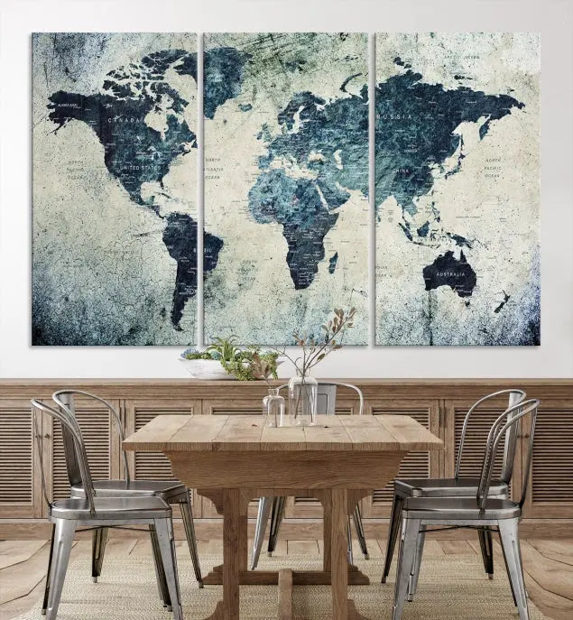 A World Map Wall Art Print on museum-quality canvas features a gallery-wrapped finish that exudes sophistication.